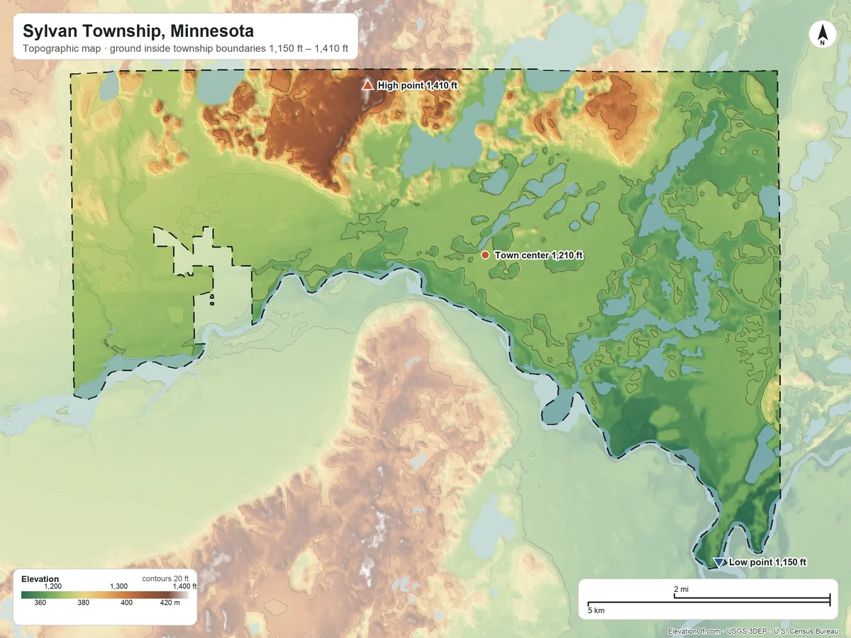 Topographic elevation map of Sylvan Township, Minnesota, shaded from 1,150 ft on the southeast side to 1,410 ft on the northwest side