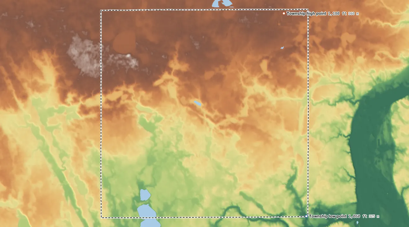 Topographic elevation map of Synnes Township, Minnesota, shaded from 1,060 ft on the southeast side to 1,180 ft on the northeast side