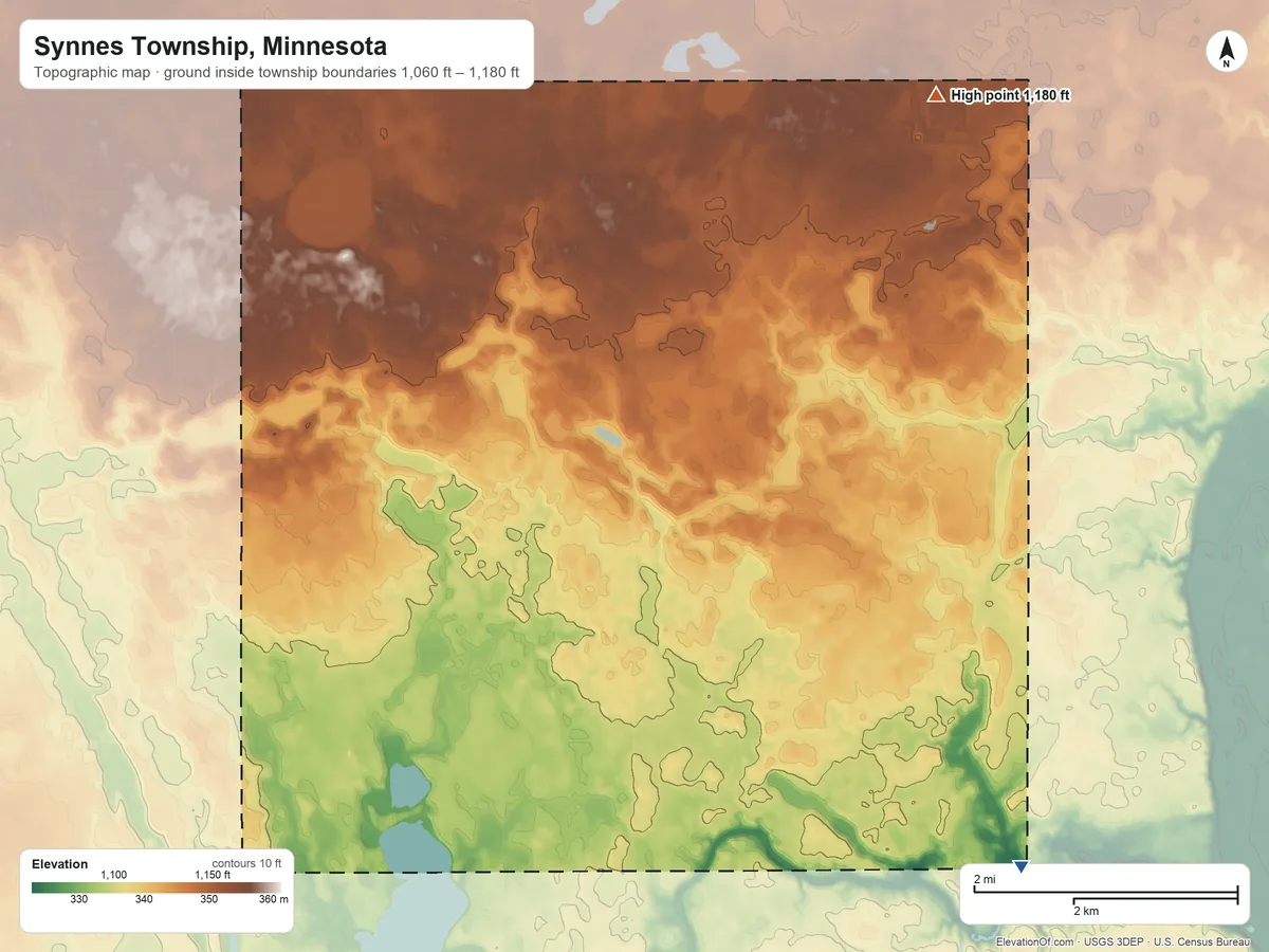 Topographic elevation map of Synnes Township, Minnesota, shaded from 1,060 ft on the southeast side to 1,180 ft on the northeast side