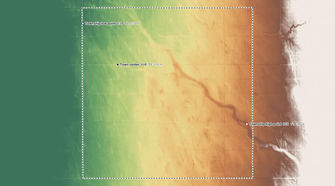 Topographic elevation map of Tabor Township, Minnesota, shaded from 830 ft on the northwest side to 860 ft on the southeast side