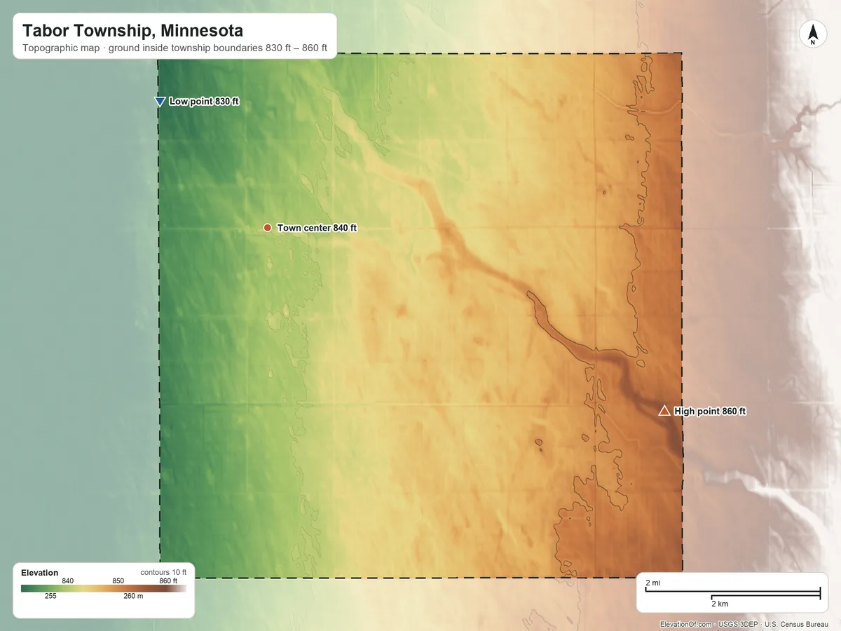Topographic elevation map of Tabor Township, Minnesota, shaded from 830 ft on the northwest side to 860 ft on the southeast side