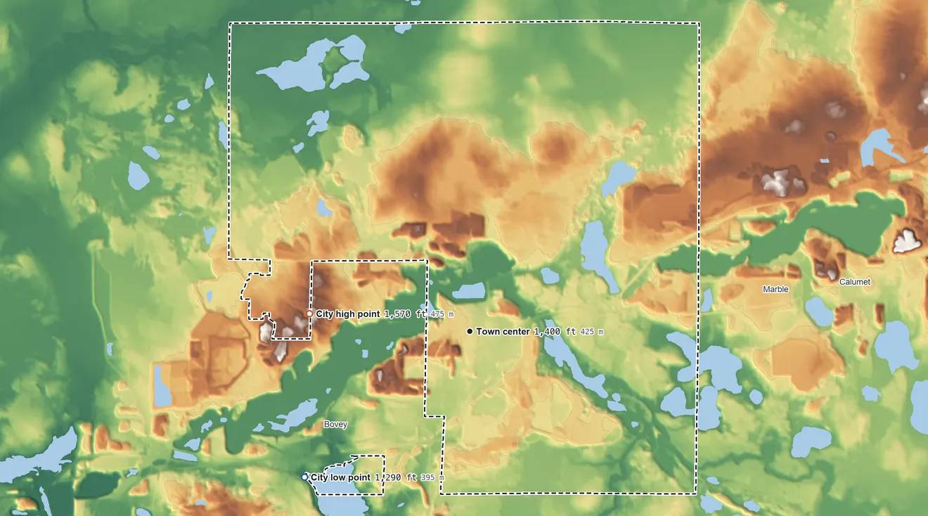 Topographic elevation map of Taconite, Minnesota, shaded from 1,290 ft on the southwest side to 1,570 ft on the west side