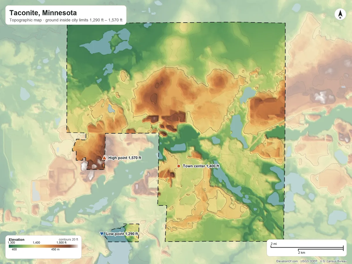 Topographic elevation map of Taconite, Minnesota, shaded from 1,290 ft on the southwest side to 1,570 ft on the west side