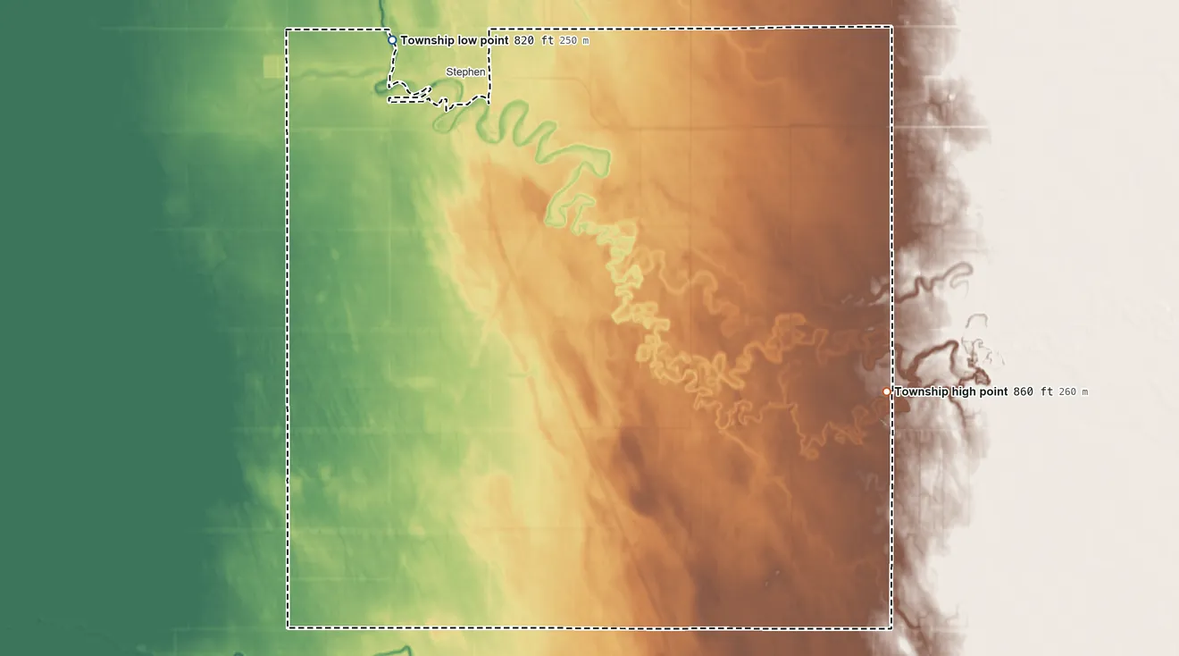 Topographic elevation map of Tamarac Township, Minnesota, shaded from 820 ft on the northwest side to 860 ft on the southeast side