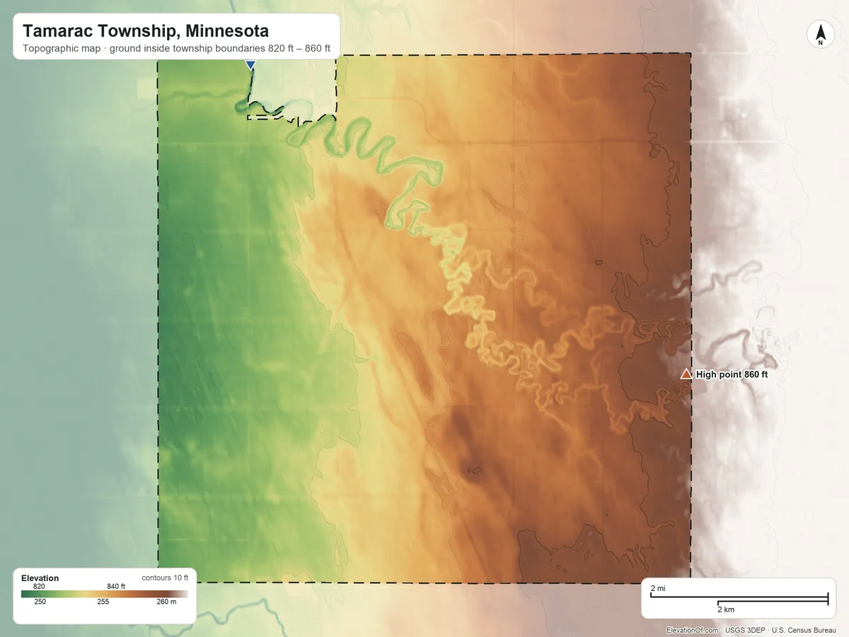 Topographic elevation map of Tamarac Township, Minnesota, shaded from 820 ft on the northwest side to 860 ft on the southeast side