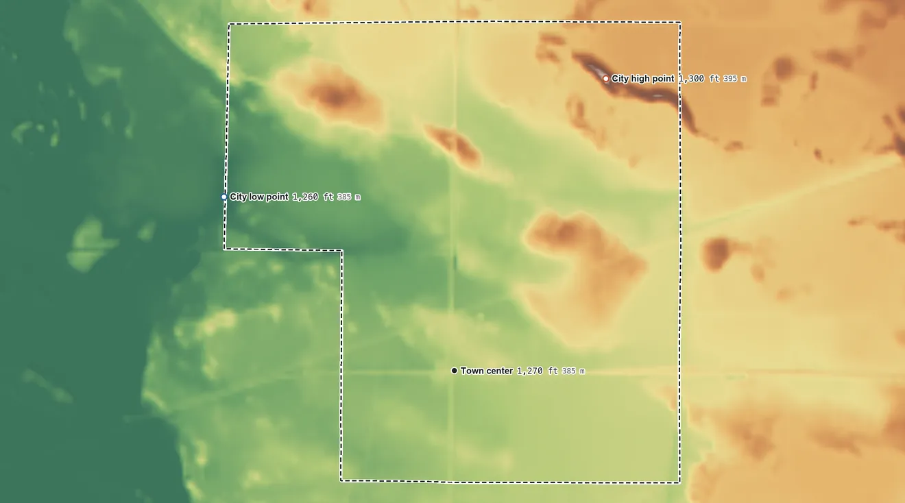 Topographic elevation map of Tamarack, Minnesota, shaded from 1,260 ft on the northwest side to 1,300 ft on the northeast side