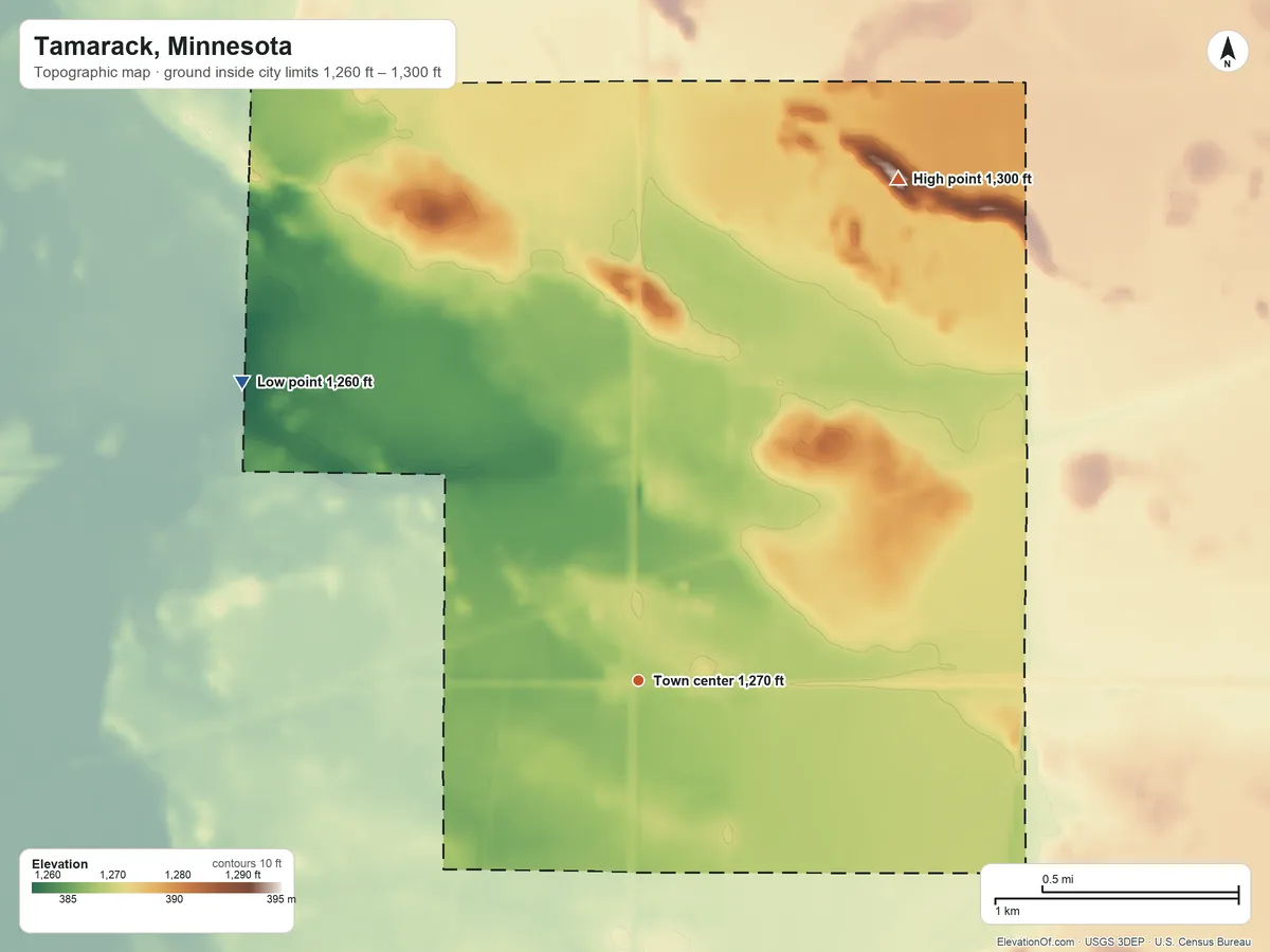 Topographic elevation map of Tamarack, Minnesota, shaded from 1,260 ft on the northwest side to 1,300 ft on the northeast side