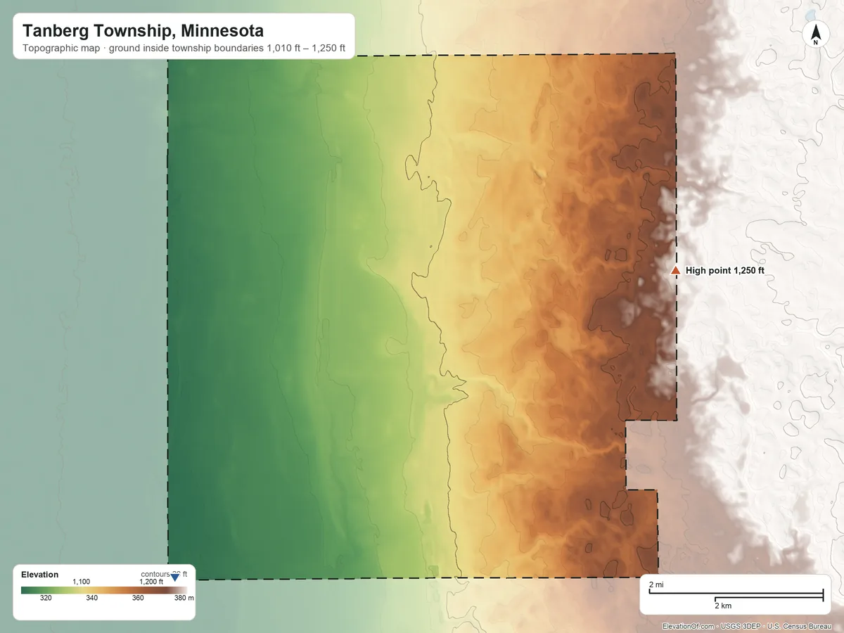 Topographic elevation map of Tanberg Township, Minnesota, shaded from 1,010 ft on the southwest side to 1,250 ft on the east side