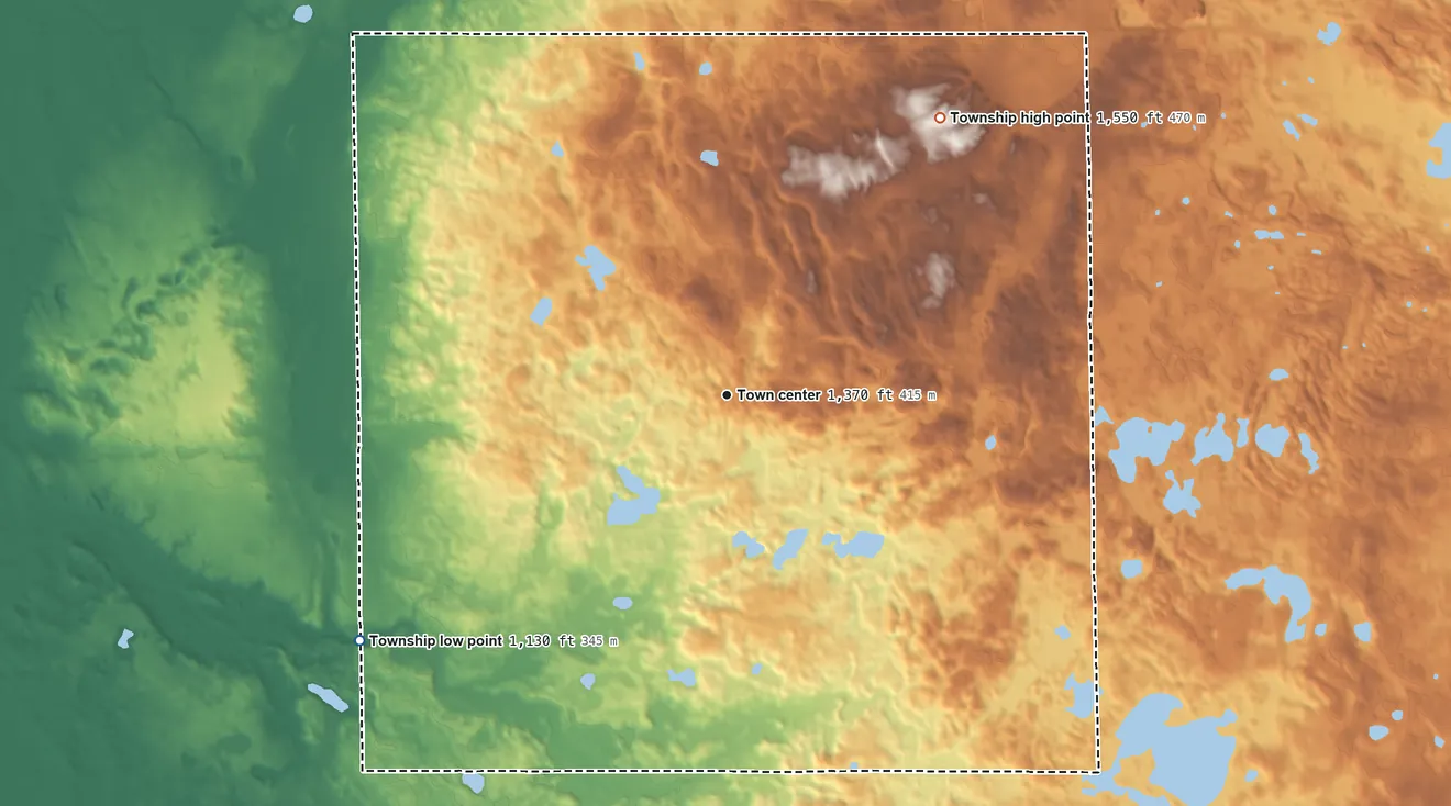 Topographic elevation map of Tansem Township, Minnesota, shaded from 1,130 ft on the southwest side to 1,550 ft on the northeast side