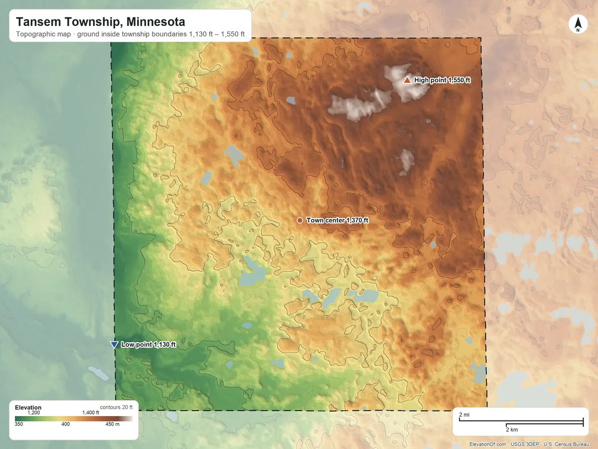 Topographic elevation map of Tansem Township, Minnesota, shaded from 1,130 ft on the southwest side to 1,550 ft on the northeast side