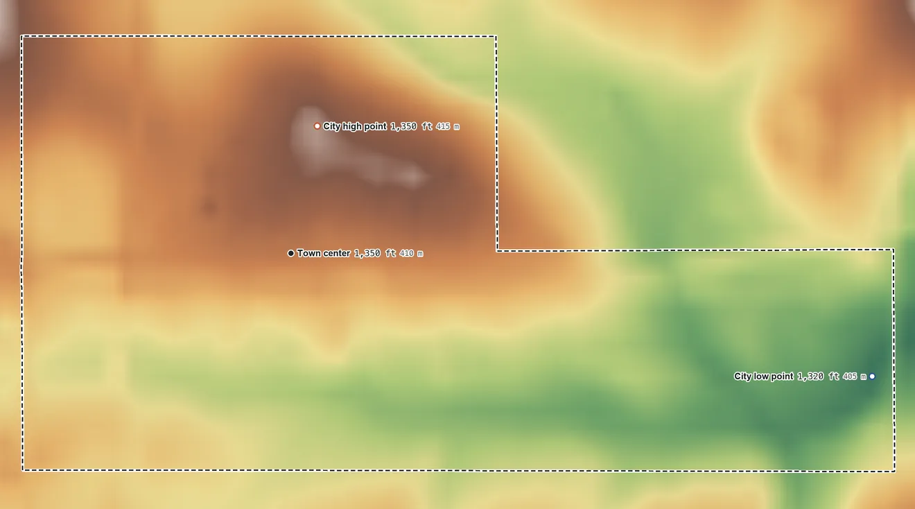 Topographic elevation map of Taopi, Minnesota, shaded from 1,320 ft on the east side to 1,350 ft on the north side