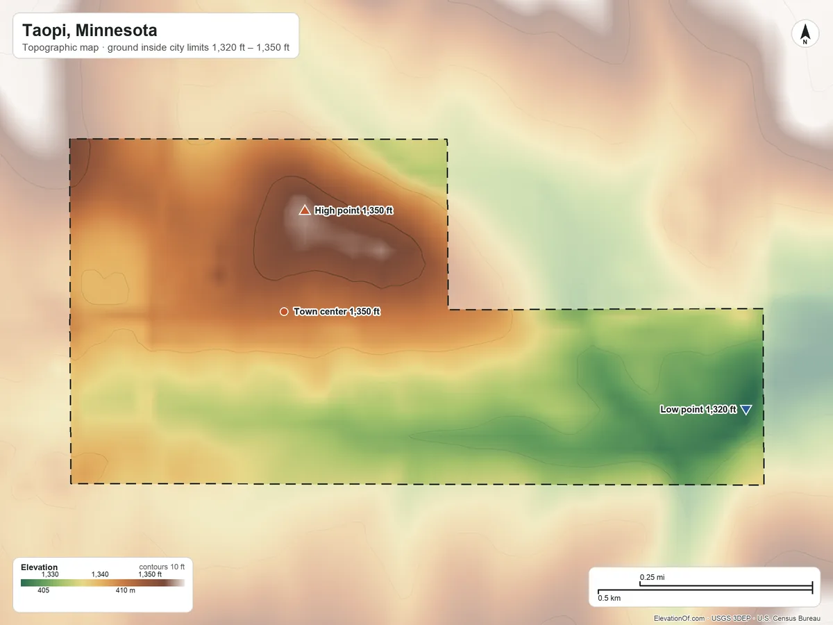 Topographic elevation map of Taopi, Minnesota, shaded from 1,320 ft on the east side to 1,350 ft on the north side
