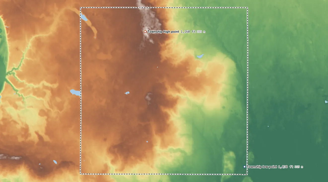 Topographic elevation map of Tara Township, Minnesota, shaded from 1,030 ft on the southeast side to 1,160 ft on the northwest side