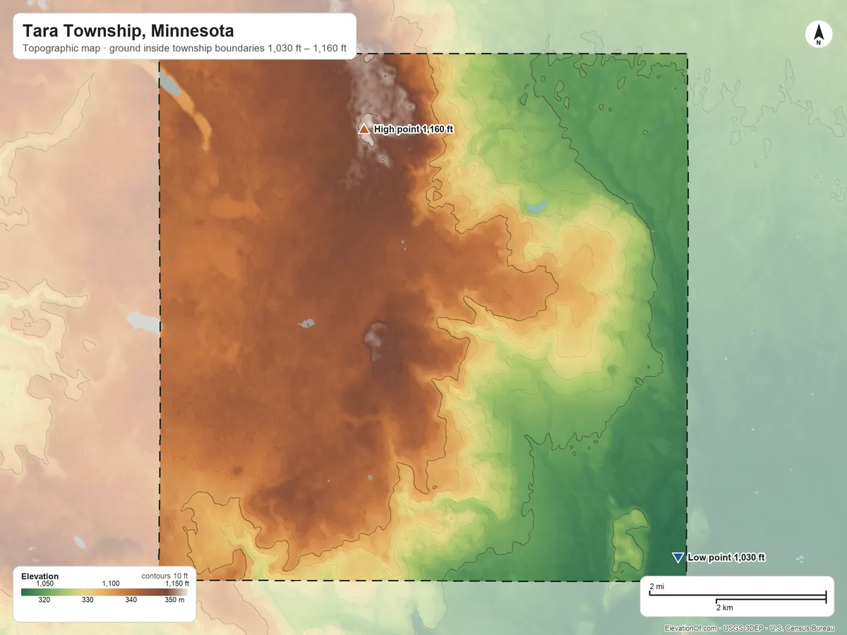 Topographic elevation map of Tara Township, Minnesota, shaded from 1,030 ft on the southeast side to 1,160 ft on the northwest side