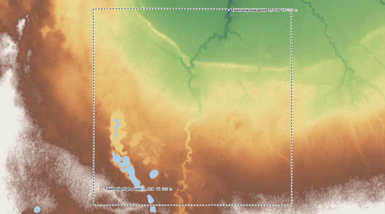 Topographic elevation map of Tara Township, Traverse County, Minnesota, shaded from 1,040 ft on the north side to 1,110 ft on the southwest side