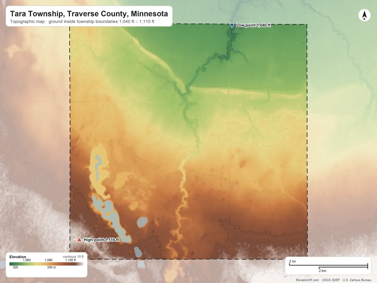 Topographic elevation map of Tara Township, Traverse County, Minnesota, shaded from 1,040 ft on the north side to 1,110 ft on the southwest side