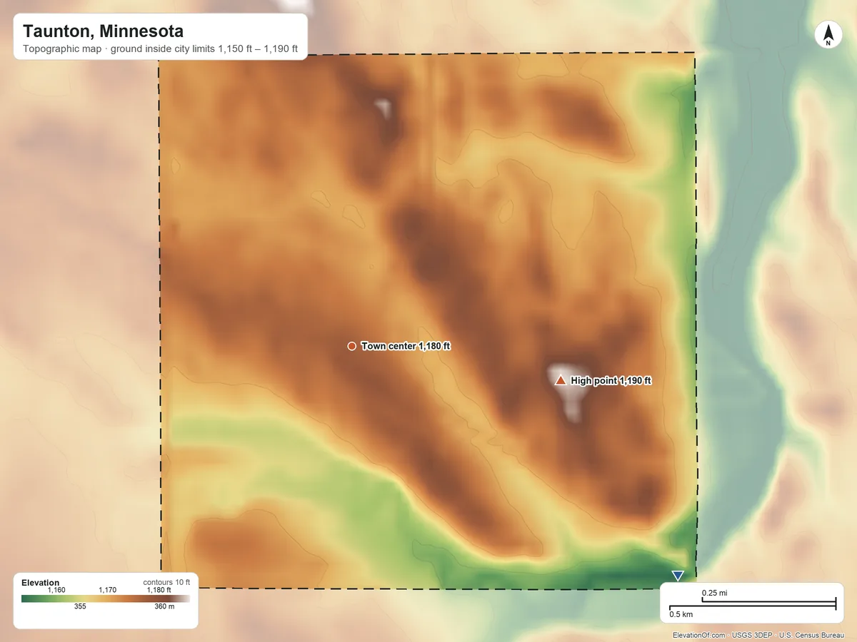 Topographic elevation map of Taunton, Minnesota, shaded from 1,150 ft on the southeast side to 1,190 ft on the east side