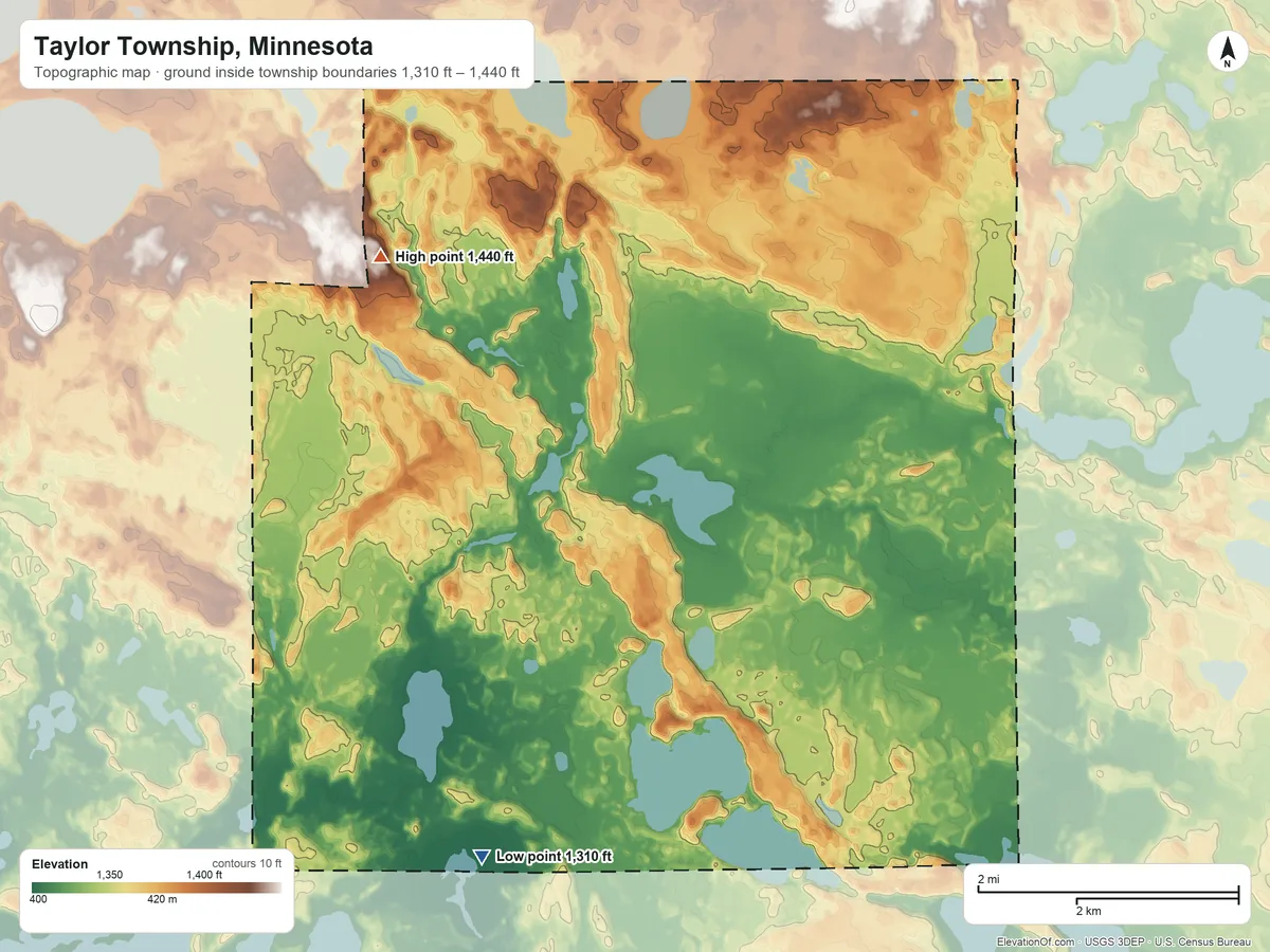 Topographic elevation map of Taylor Township, Minnesota, shaded from 1,310 ft on the south side to 1,440 ft on the northwest side
