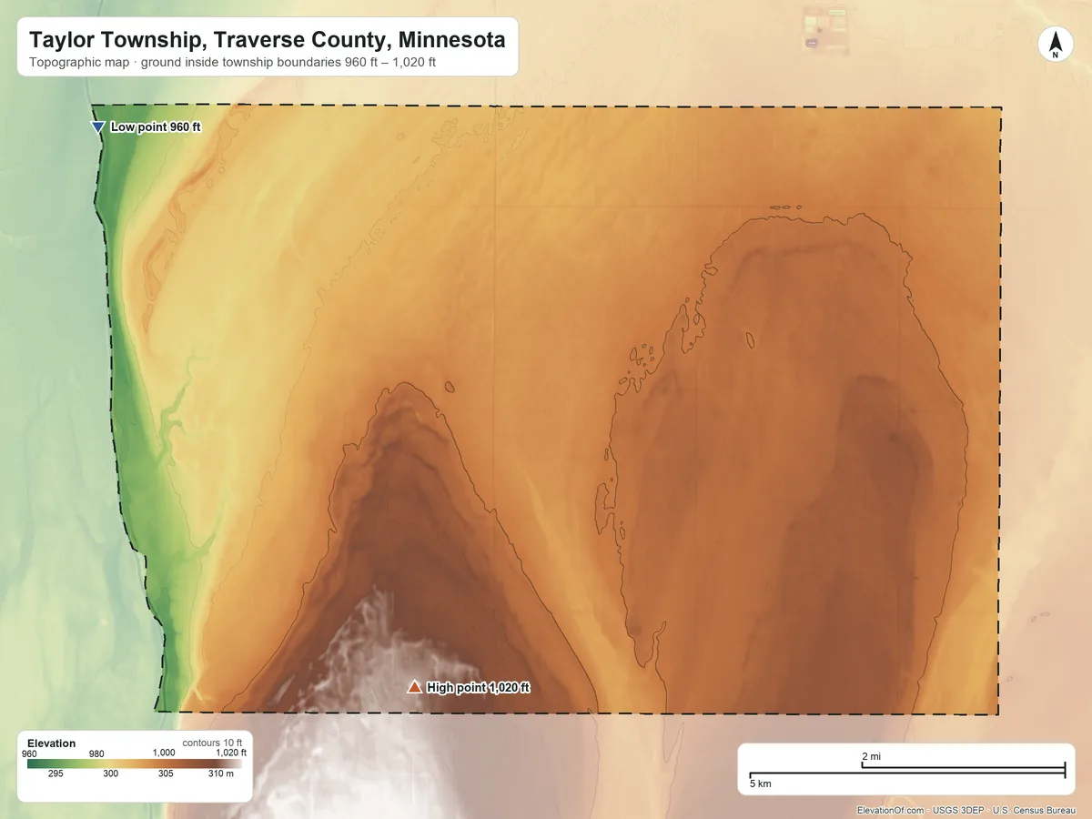 Topographic elevation map of Taylor Township, Traverse County, Minnesota, shaded from 960 ft on the northwest side to 1,020 ft on the southwest side