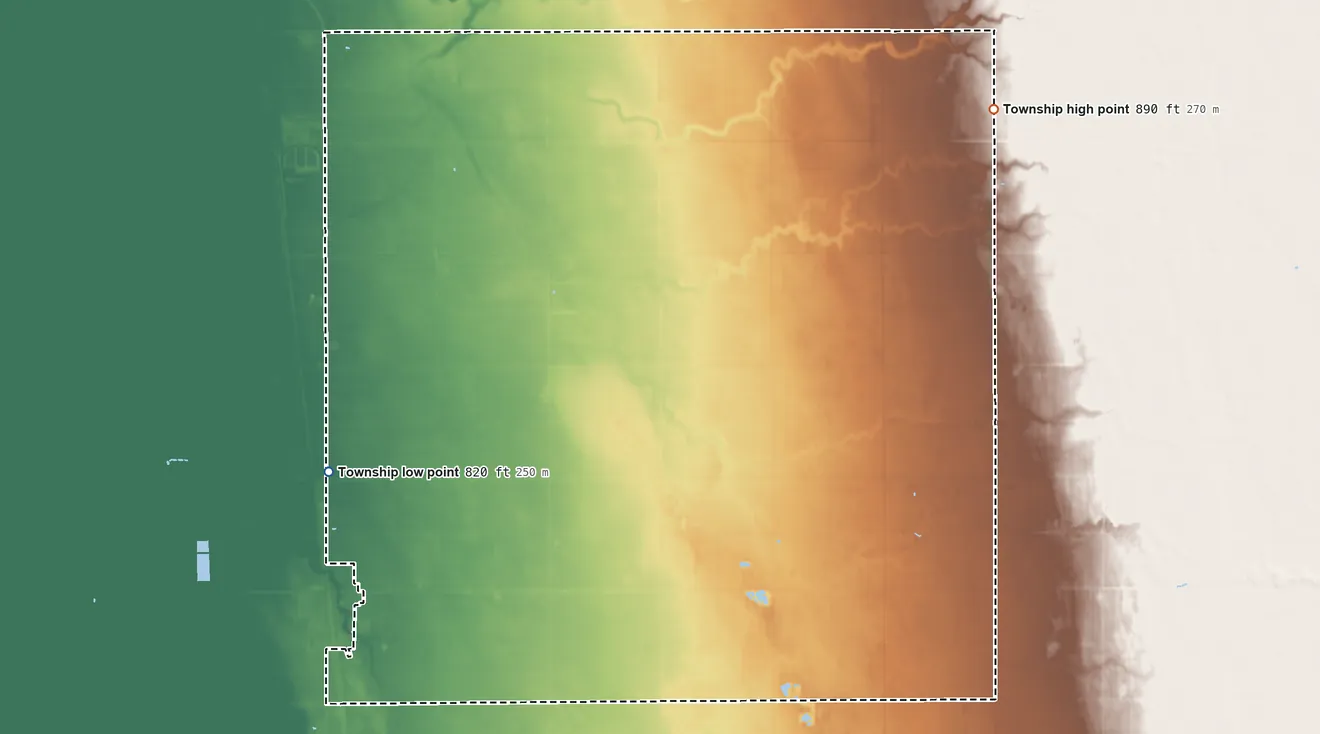 Topographic elevation map of Tegner Township, Minnesota, shaded from 820 ft on the west side to 890 ft on the northeast side