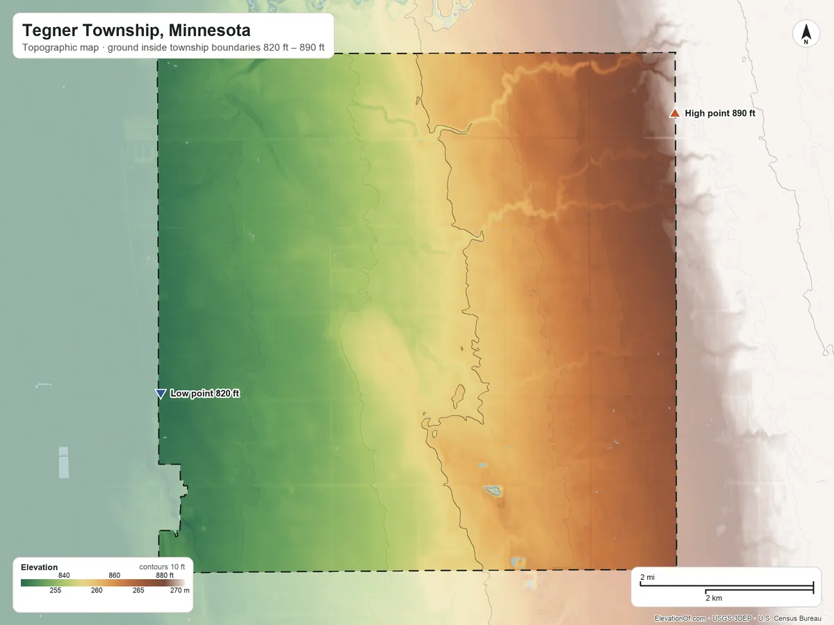 Topographic elevation map of Tegner Township, Minnesota, shaded from 820 ft on the west side to 890 ft on the northeast side