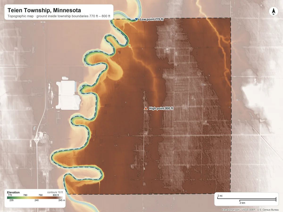 Topographic elevation map of Teien Township, Minnesota, shaded from 770 ft on the north side to 800 ft near the middle