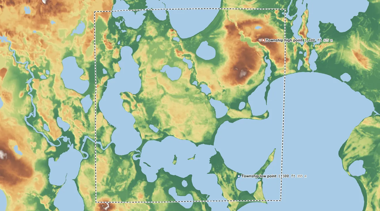 Topographic elevation map of Ten Lake Township, Minnesota, shaded from 1,300 ft on the southeast side to 1,400 ft on the northeast side