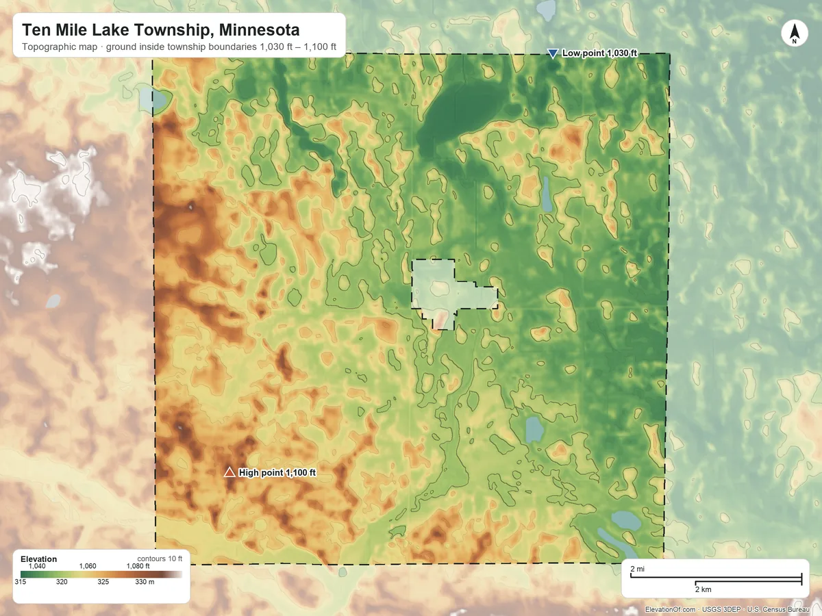 Topographic elevation map of Ten Mile Lake Township, Minnesota, shaded from 1,030 ft on the northeast side to 1,100 ft on the southwest side
