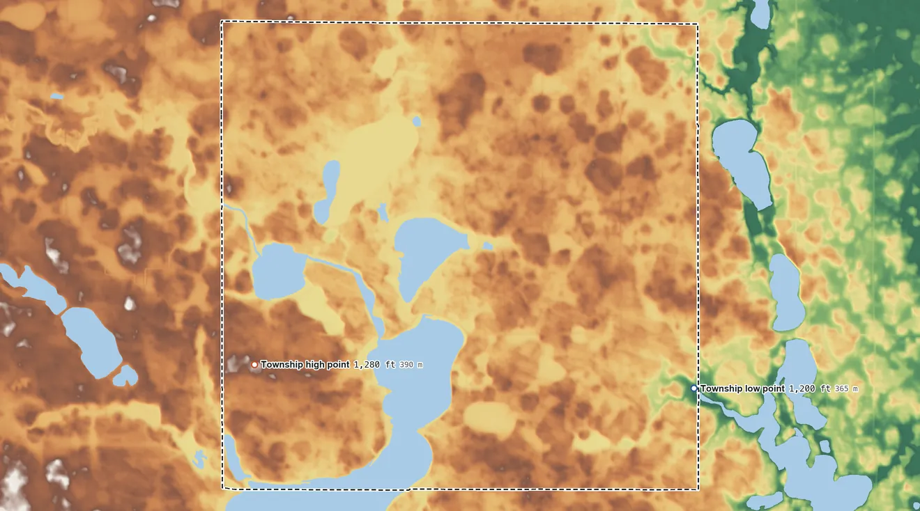 Topographic elevation map of Tenhassen Township, Minnesota, shaded from 1,200 ft on the southeast side to 1,280 ft on the southwest side