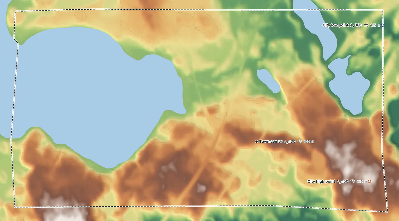 Topographic elevation map of Tenstrike, Minnesota, shaded from 1,360 ft on the northeast side to 1,450 ft on the east side