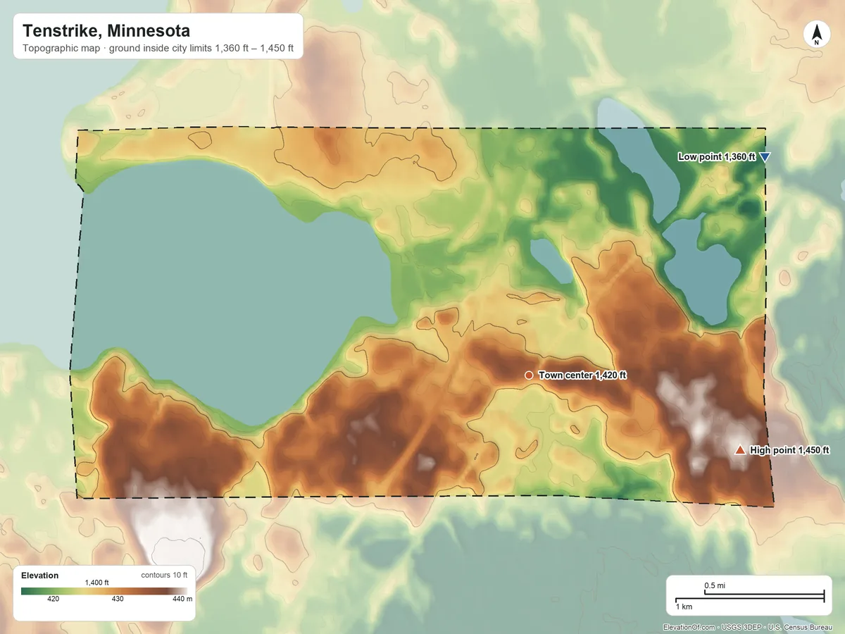 Topographic elevation map of Tenstrike, Minnesota, shaded from 1,360 ft on the northeast side to 1,450 ft on the east side