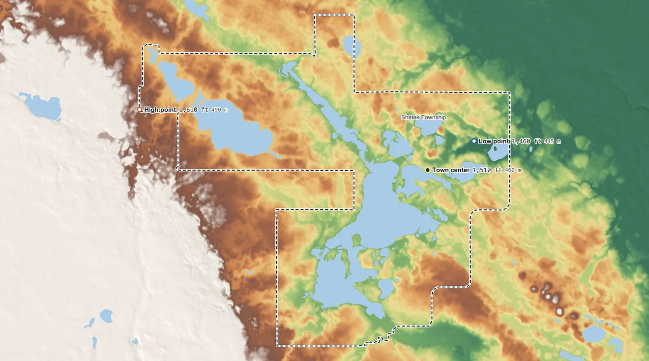 Topographic elevation map of The Lakes, Minnesota, shaded from 1,460 ft on the northeast side to 1,610 ft on the west side