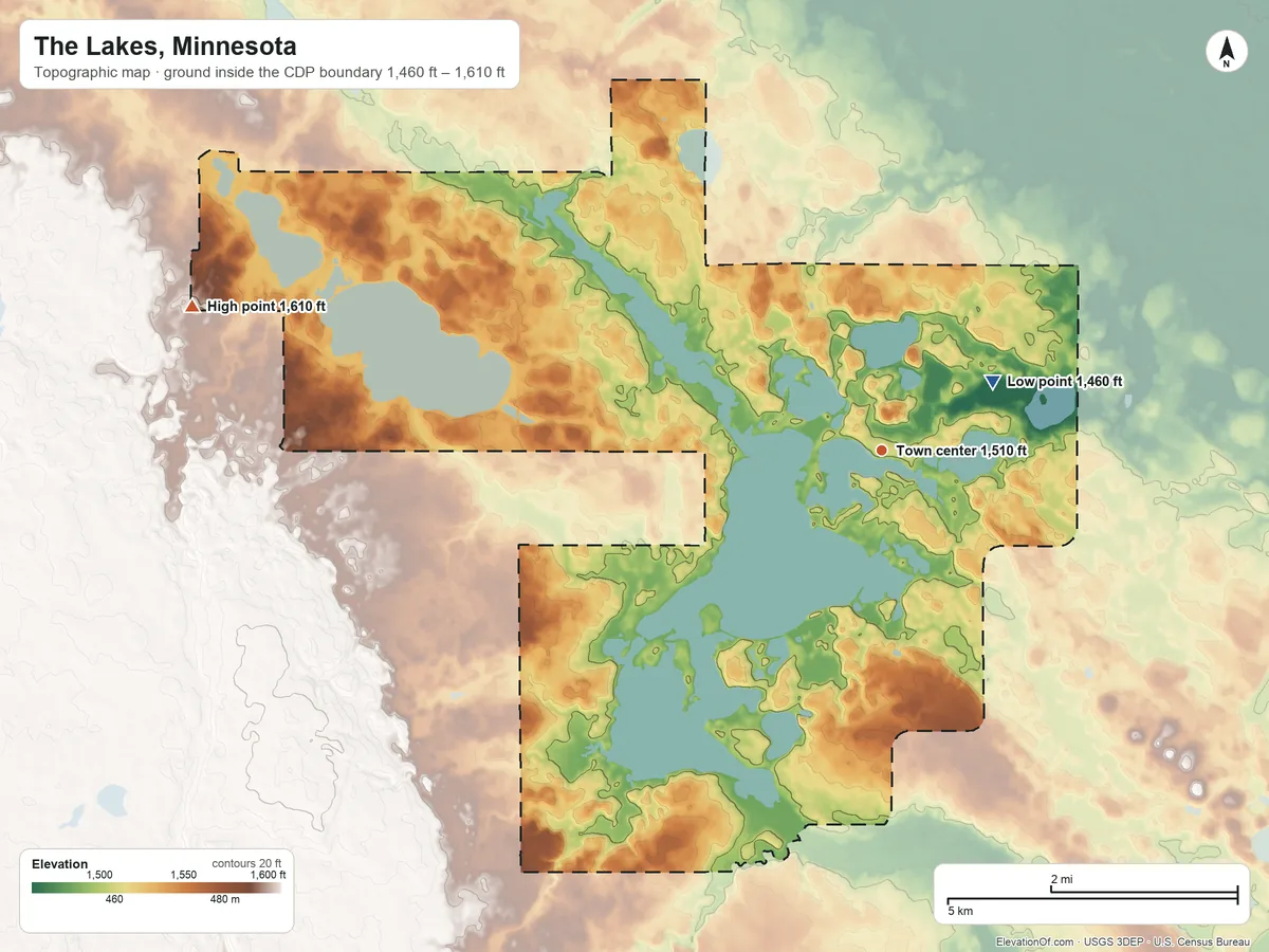 Topographic elevation map of The Lakes, Minnesota, shaded from 1,460 ft on the northeast side to 1,610 ft on the west side
