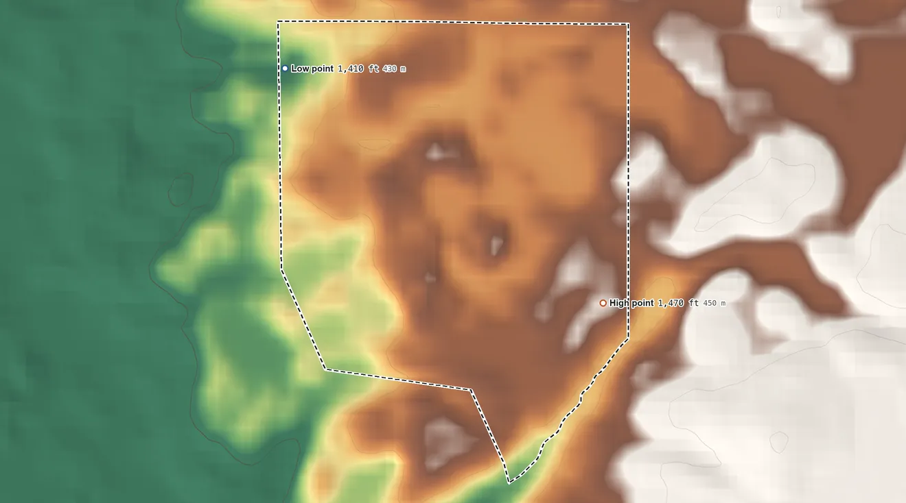 Topographic elevation map of The Ranch, Minnesota, shaded from 1,410 ft on the north side to 1,470 ft on the east side