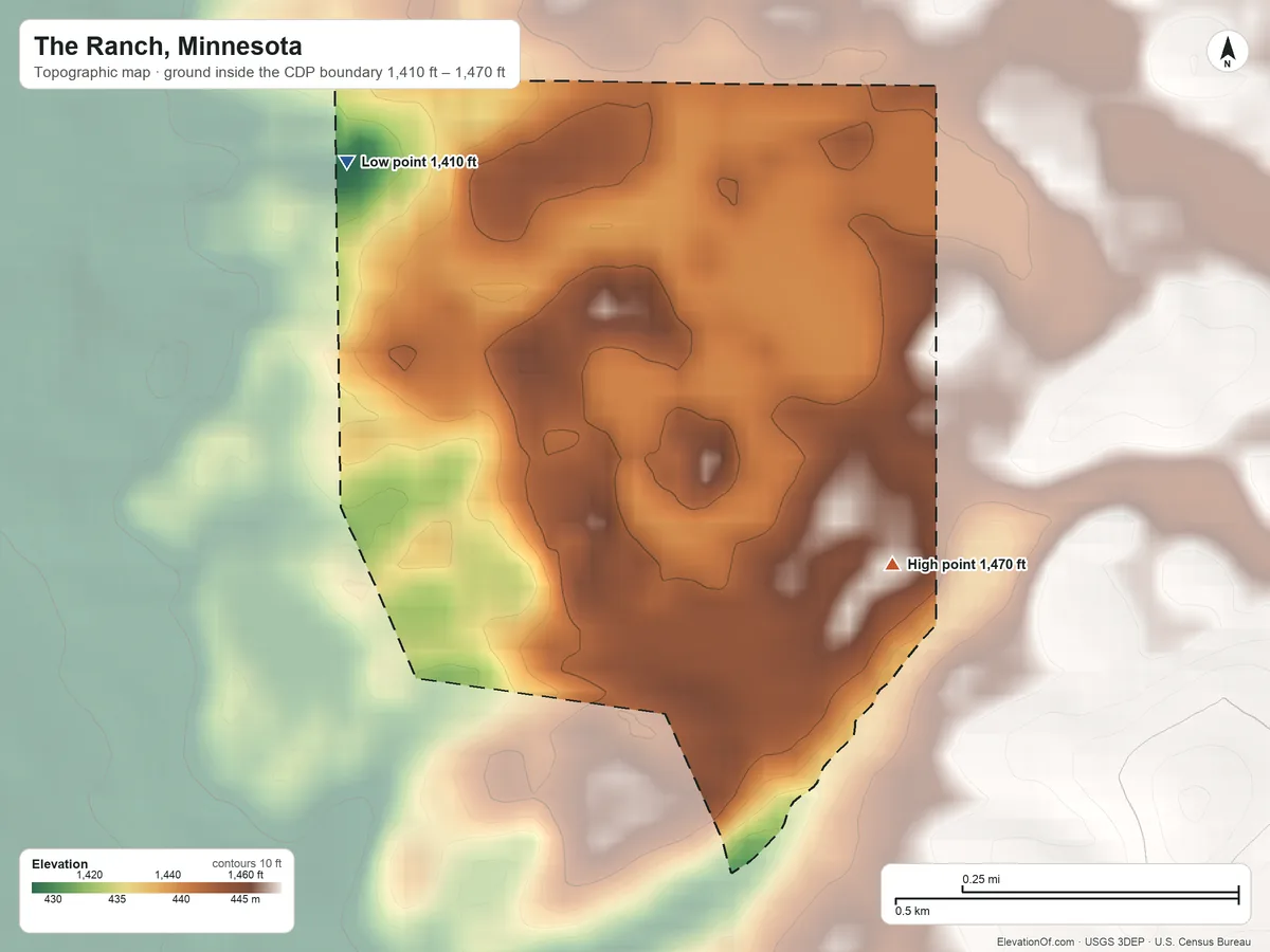 Topographic elevation map of The Ranch, Minnesota, shaded from 1,410 ft on the north side to 1,470 ft on the east side