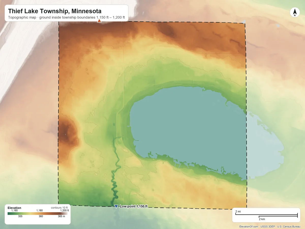 Topographic elevation map of Thief Lake Township, Minnesota, shaded from 1,150 ft on the south side to 1,200 ft on the north side