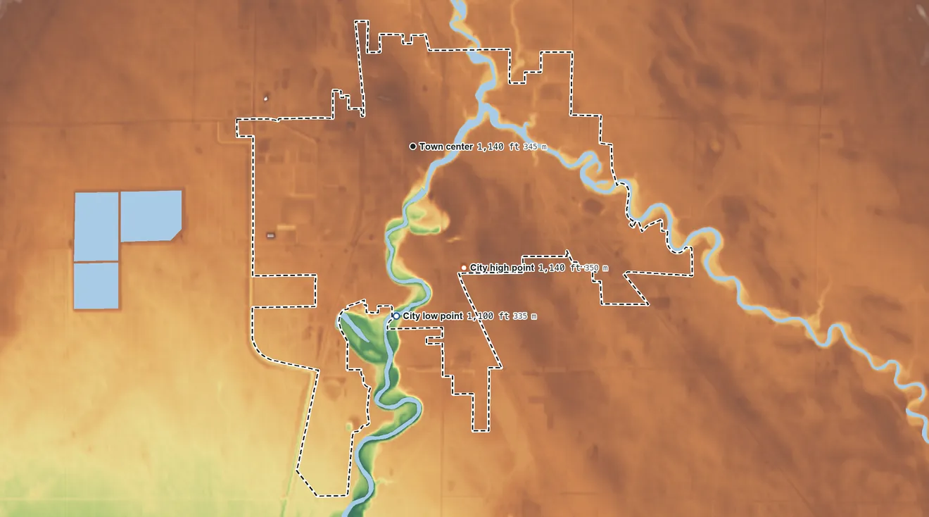 Topographic elevation map of Thief River Falls, Minnesota, shaded from 1,100 ft on the south side to 1,140 ft on the southeast side