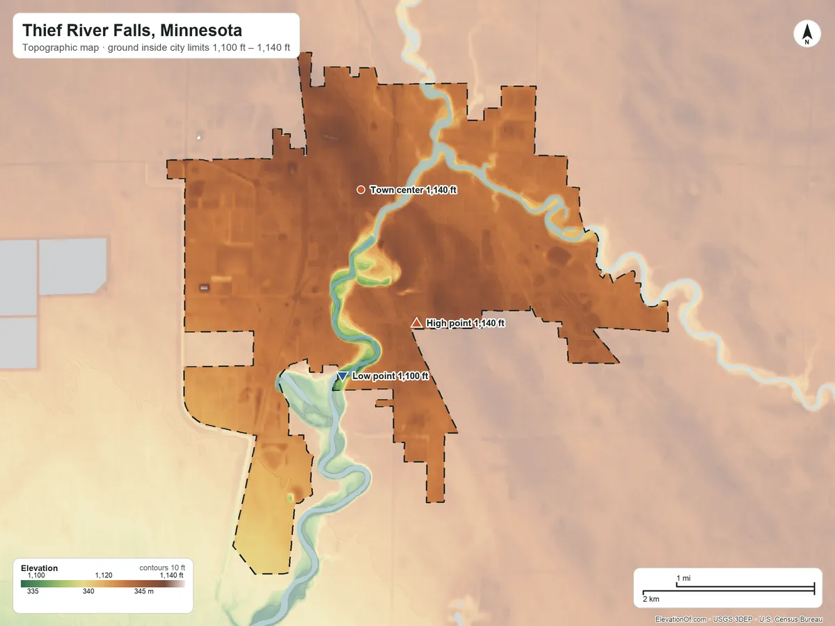 Topographic elevation map of Thief River Falls, Minnesota, shaded from 1,100 ft on the south side to 1,140 ft on the southeast side