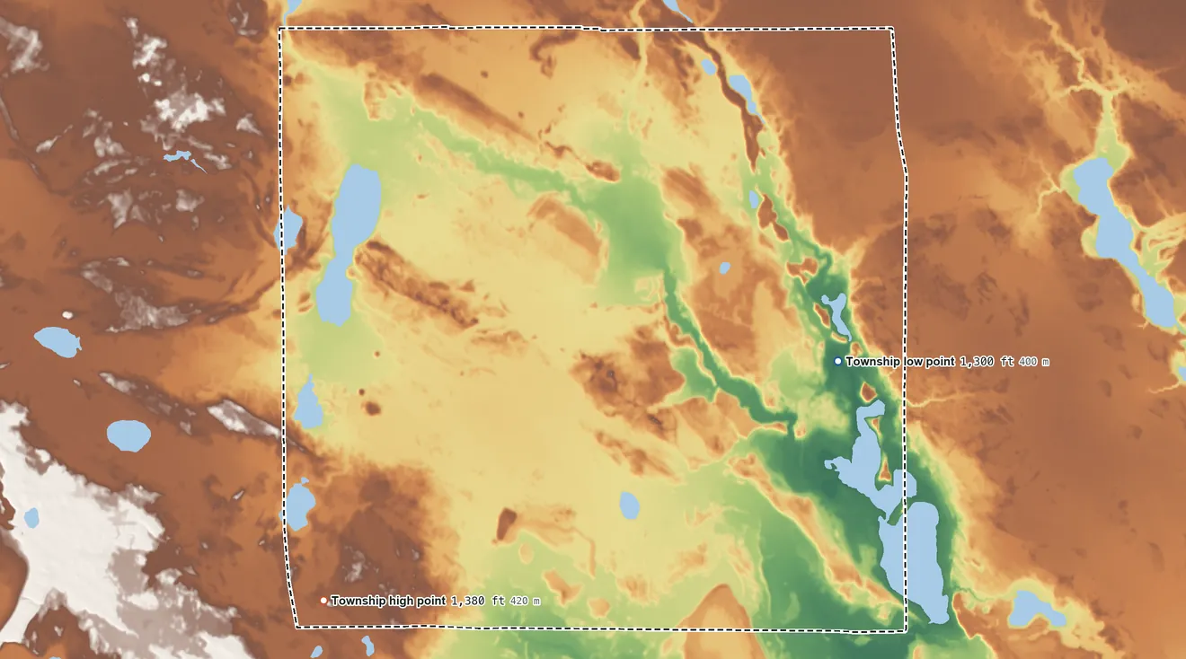 Topographic elevation map of Third River Township, Minnesota, shaded from 1,300 ft near the middle to 1,380 ft on the west side