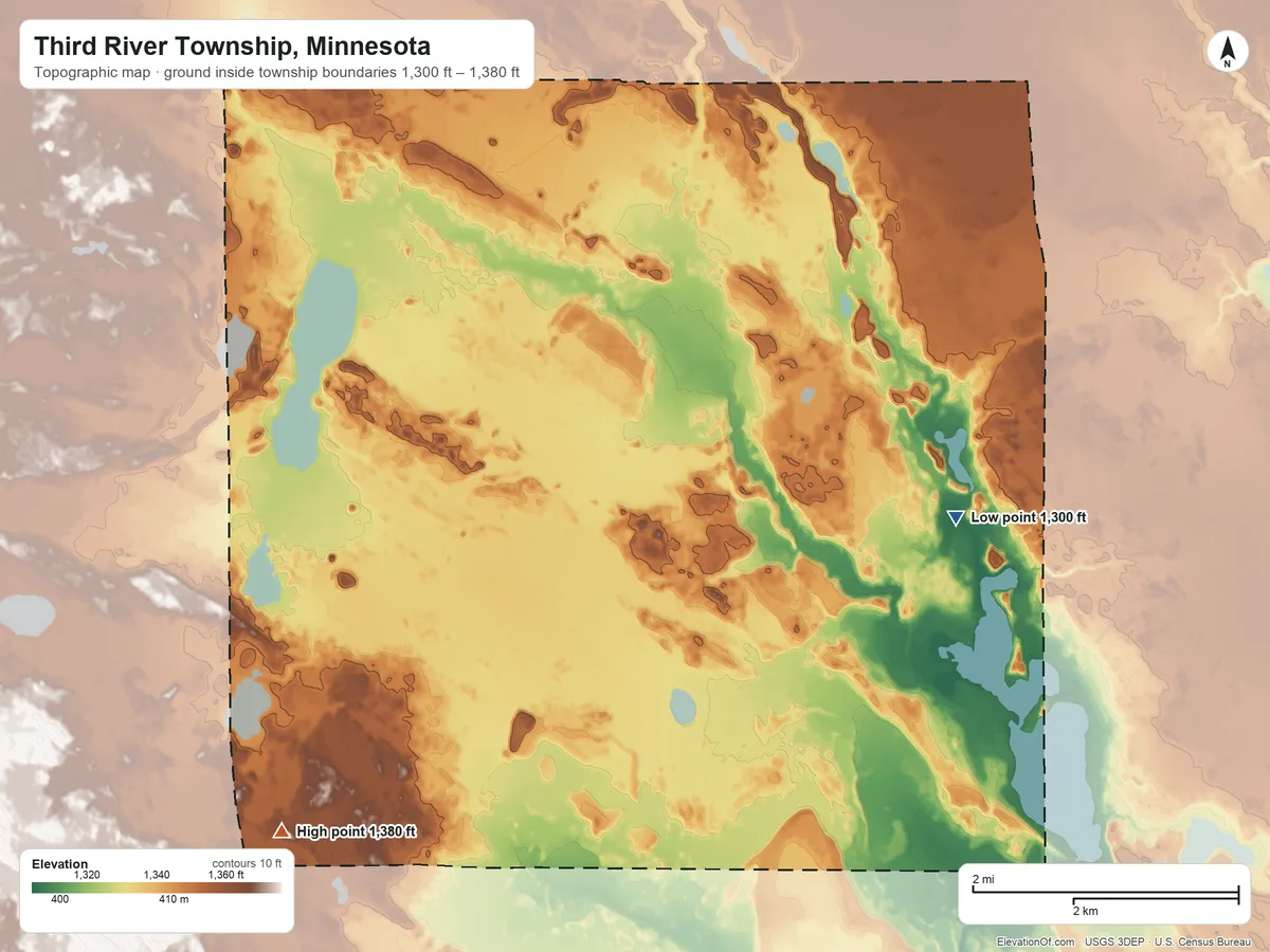 Topographic elevation map of Third River Township, Minnesota, shaded from 1,300 ft near the middle to 1,380 ft on the west side