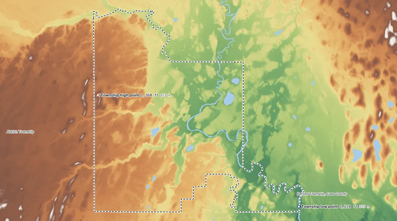 Topographic elevation map of Thomastown Township, Minnesota, shaded from 1,220 ft on the southeast side to 1,360 ft on the northwest side