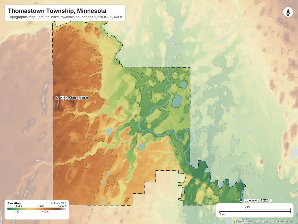 Topographic elevation map of Thomastown Township, Minnesota, shaded from 1,220 ft on the southeast side to 1,360 ft on the northwest side