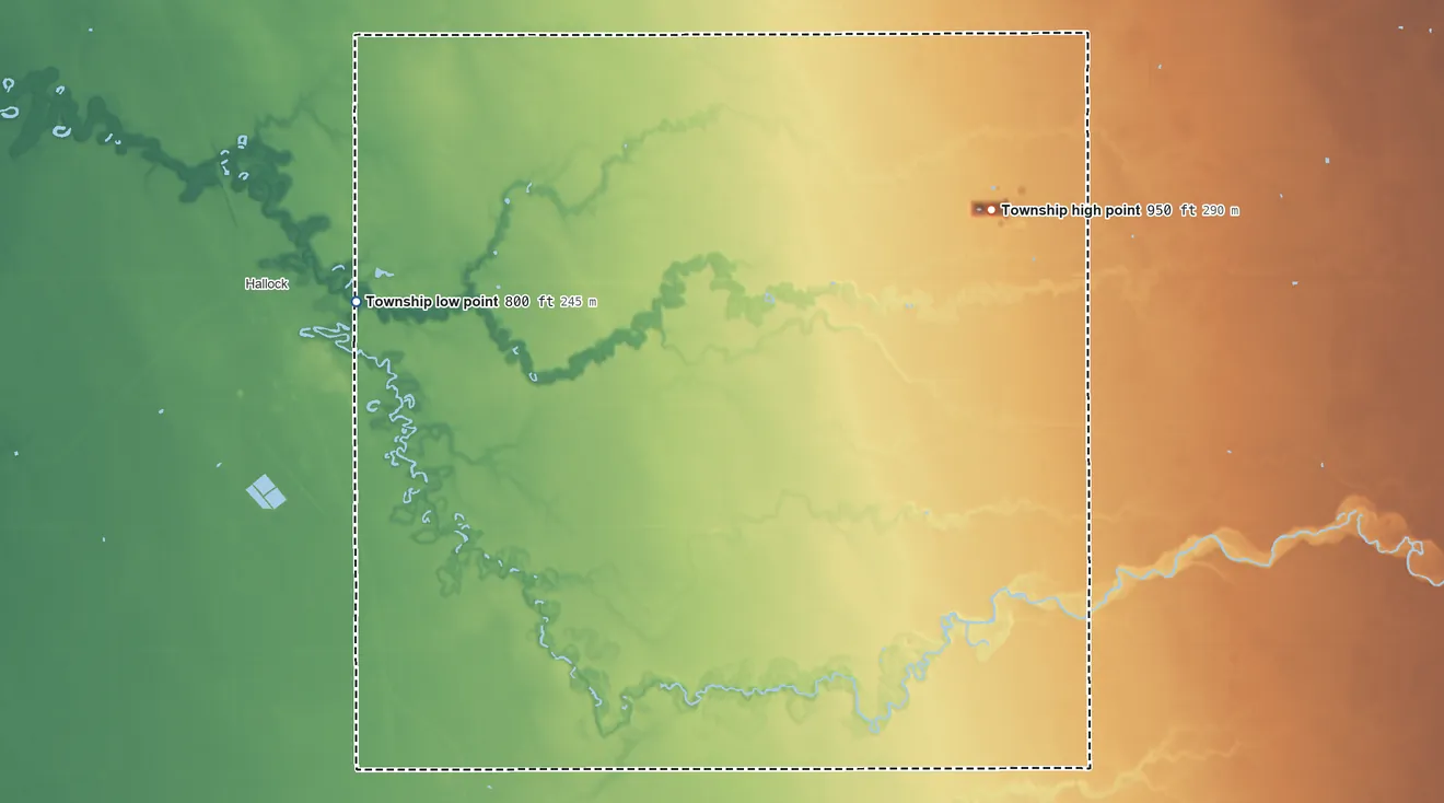 Topographic elevation map of Thompson Township, Minnesota, shaded from 800 ft on the west side to 950 ft on the northeast side