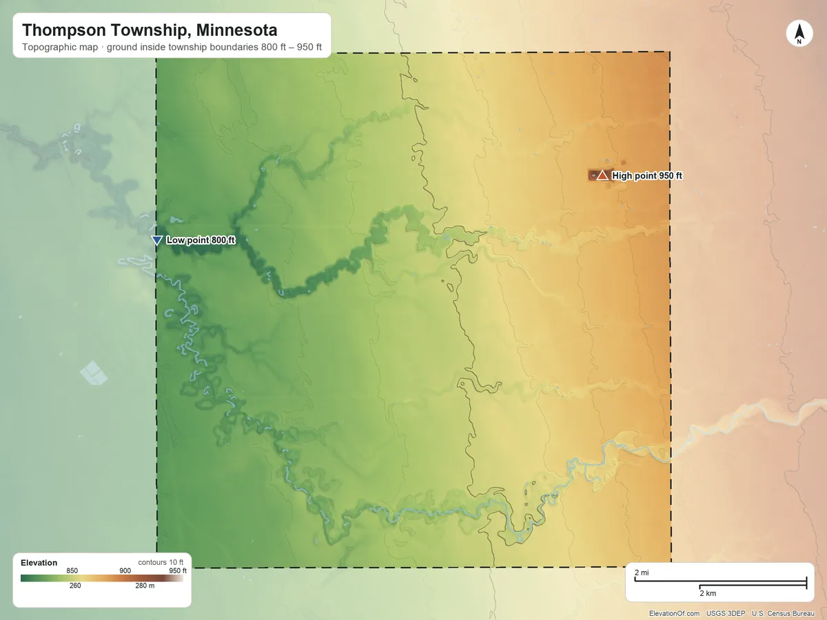 Topographic elevation map of Thompson Township, Minnesota, shaded from 800 ft on the west side to 950 ft on the northeast side