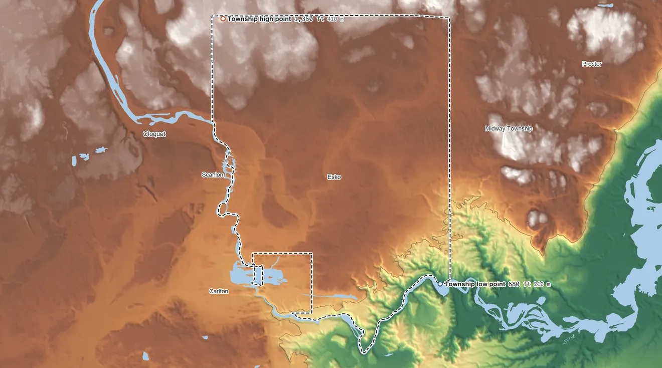 Topographic elevation map of Thomson Township, Minnesota, shaded from 680 ft on the southeast side to 1,350 ft on the northwest side