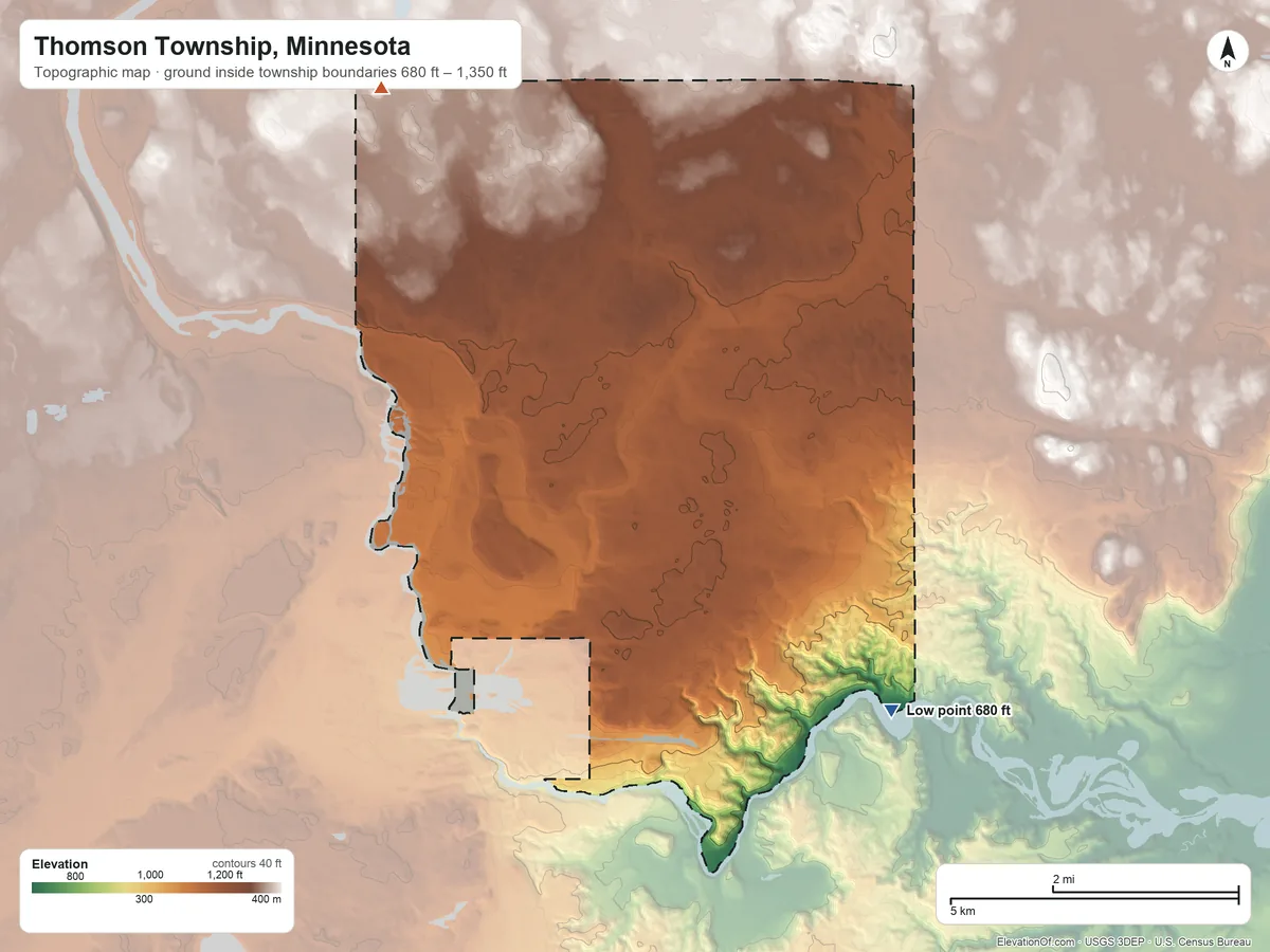 Topographic elevation map of Thomson Township, Minnesota, shaded from 680 ft on the southeast side to 1,350 ft on the northwest side
