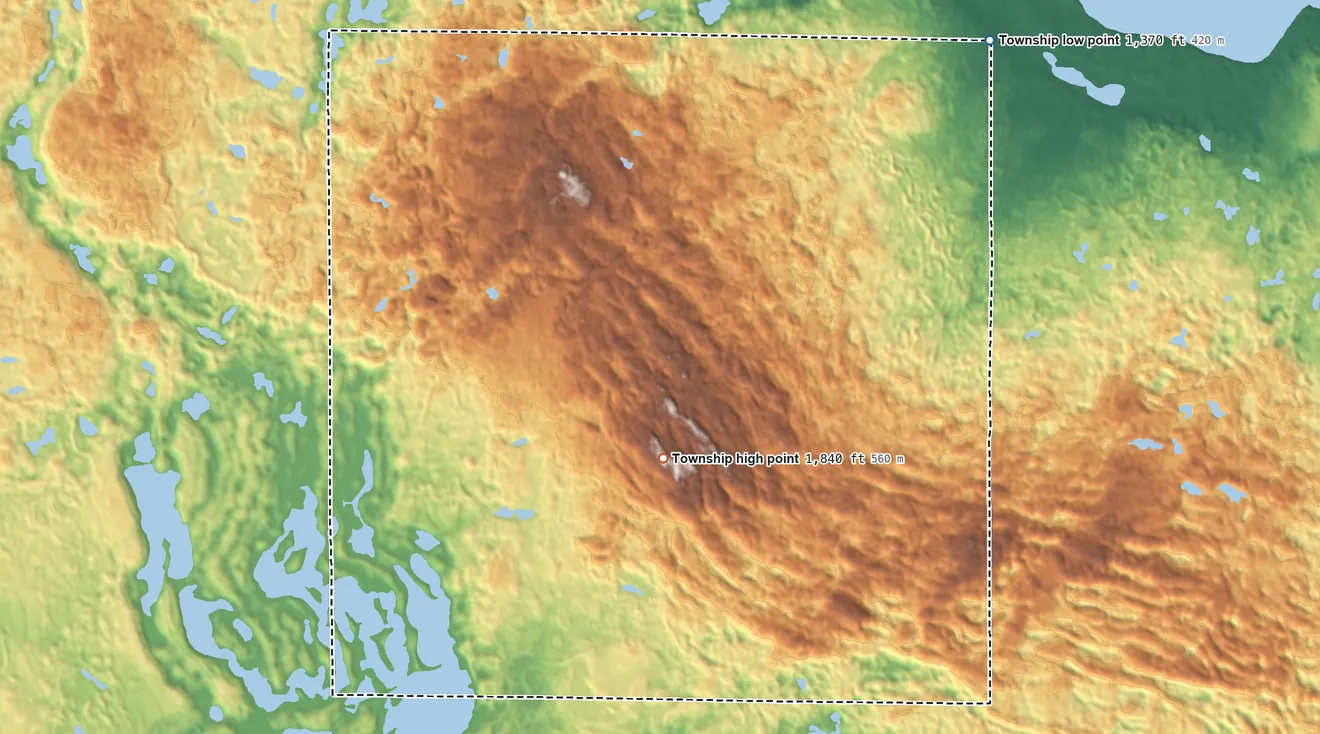 Topographic elevation map of Thorpe Township, Minnesota, shaded from 1,370 ft on the northeast side to 1,840 ft on the northeast side
