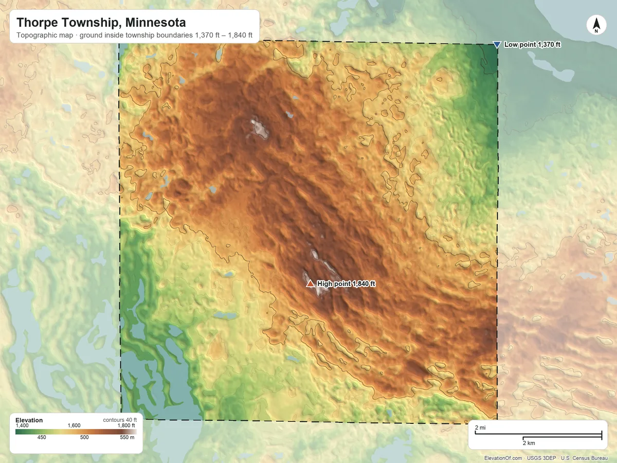 Topographic elevation map of Thorpe Township, Minnesota, shaded from 1,370 ft on the northeast side to 1,840 ft on the northeast side