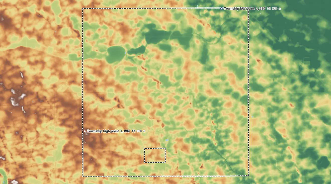 Topographic elevation map of Three Lakes Township, Minnesota, shaded from 1,030 ft on the northeast side to 1,080 ft on the west side