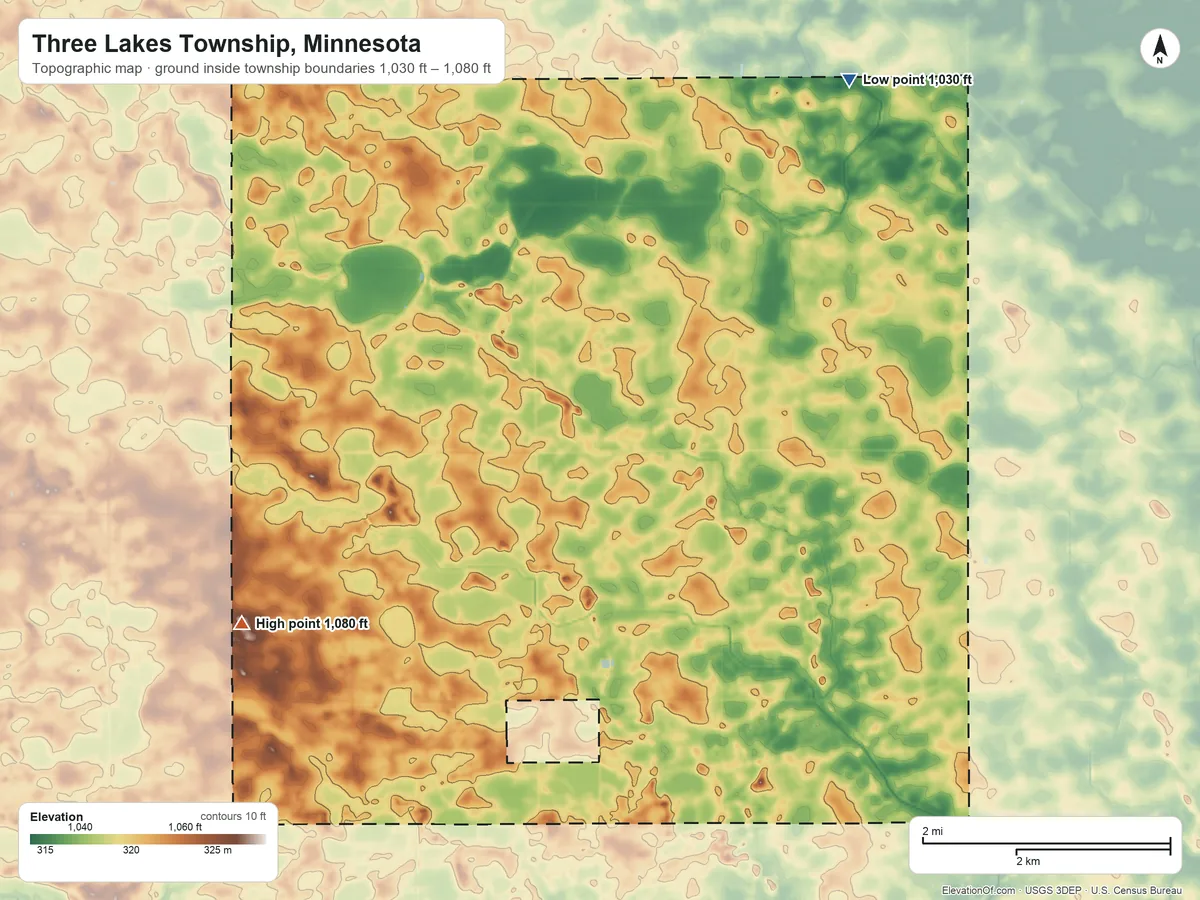 Topographic elevation map of Three Lakes Township, Minnesota, shaded from 1,030 ft on the northeast side to 1,080 ft on the west side